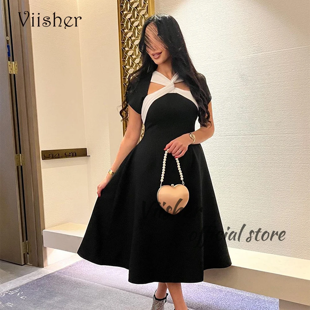 

Viisher Black Evening Dresses for Women Arabian Dubai Formal Occasion Gown A Line Spandex Satin Evening Party Gowns