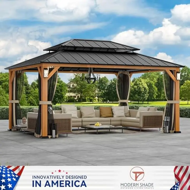 Modern Rectangular Hardtop Gazebo 12x16 Feet with Double-Layer Ventilated Roof Solar LED Lighting Wood-Grain Metal Frame Waterpr