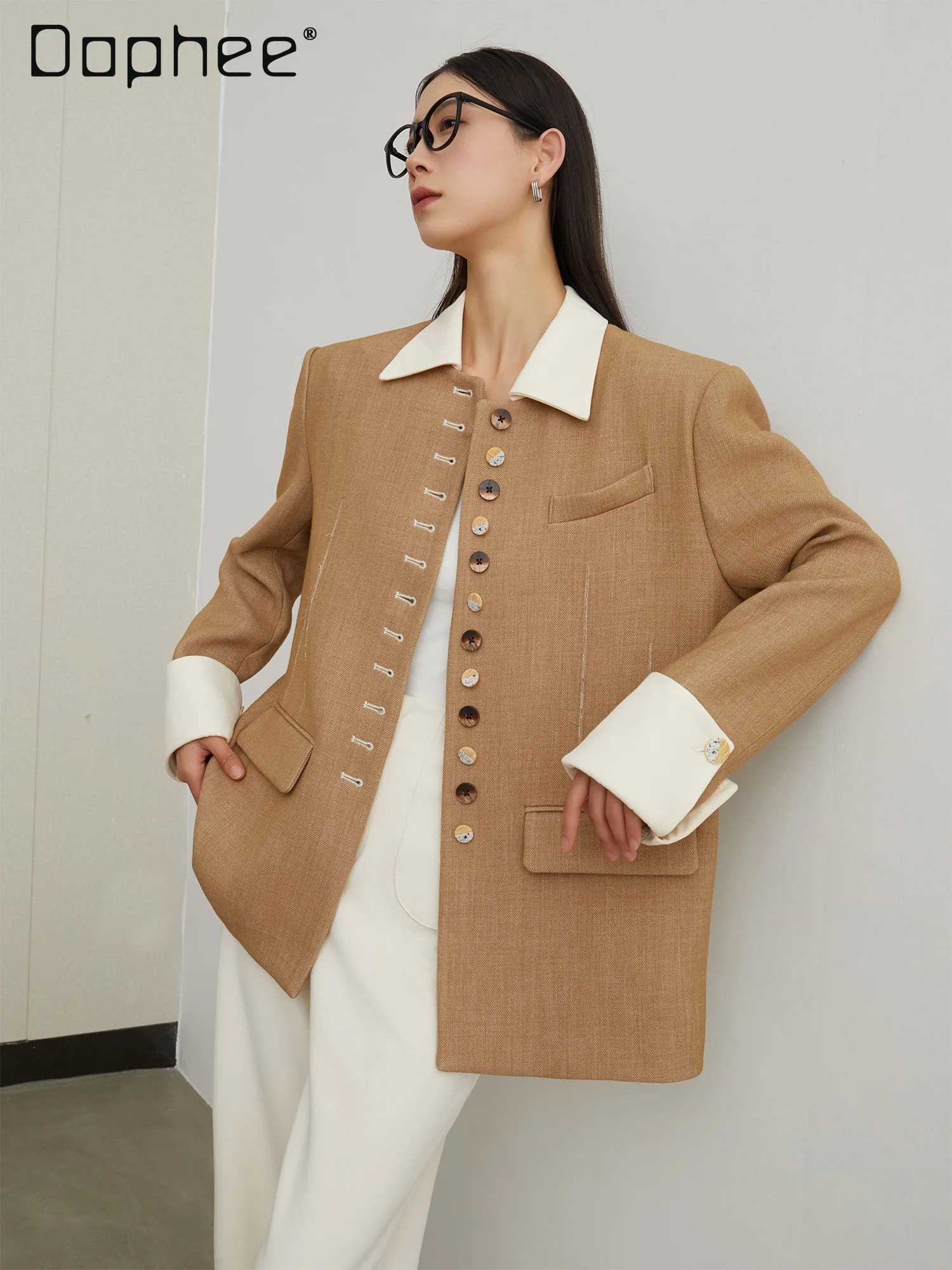 High End Blazer Women Loose Splicing POLO Collar Commuter Casual Single-breasted Jacket Fashion Temperament Long-sleeved Coat