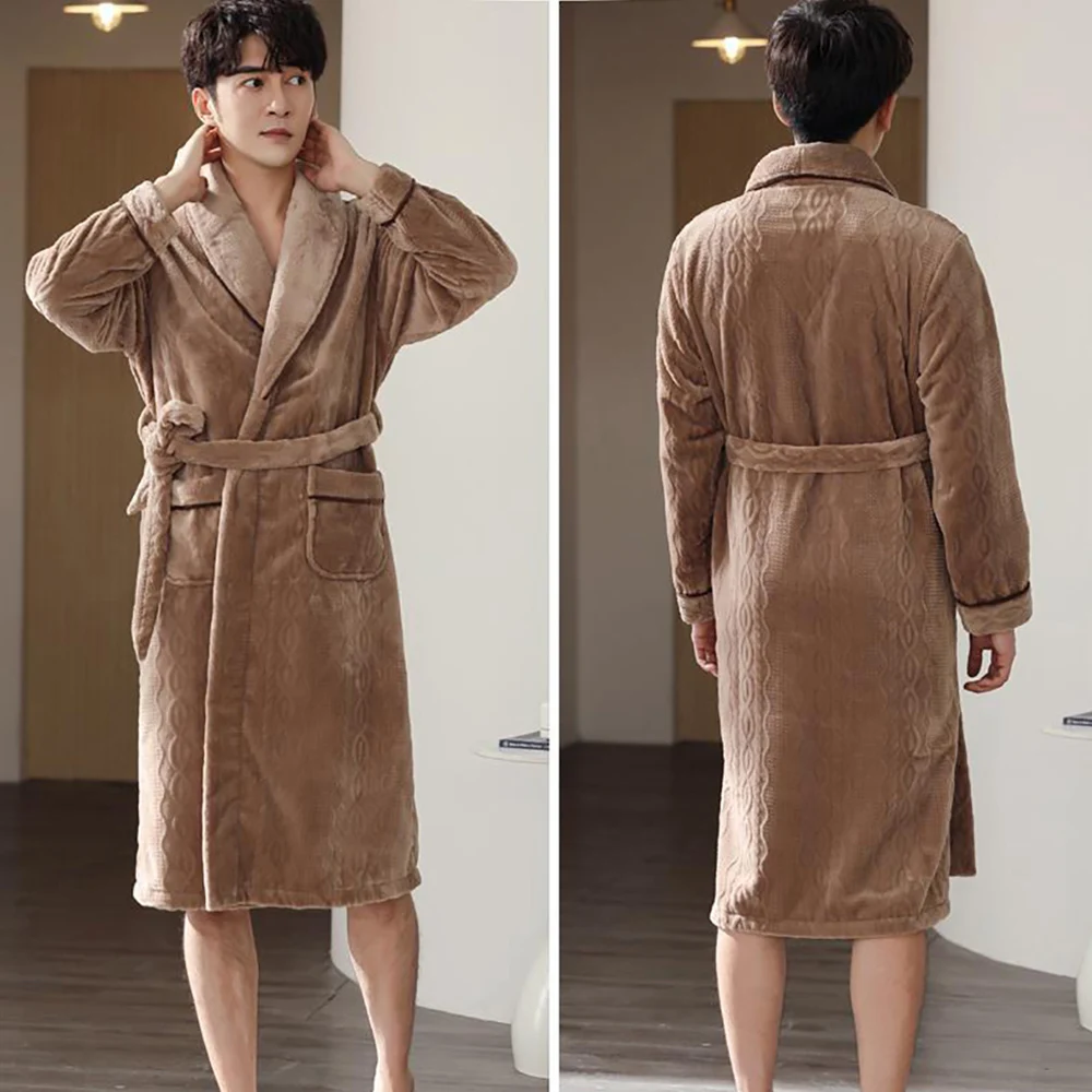 Winter Super Thicken Double-side Flannel Plus Plush Warm Bathrobe Man Casual Loose Solid V Neck Sleepwear Comfort Shower Robe