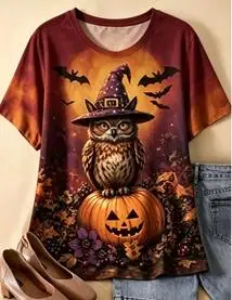 Women Crew Neck Short Sleeve T‑Shirt Halloween Cute Deer Witch Hat Pumpkin Bat Full Moon Print Casual Loose Fit Ladies Tops