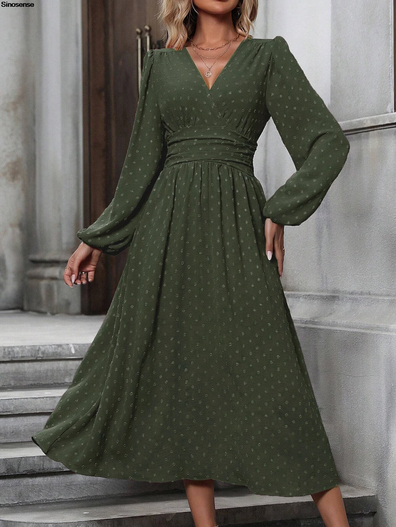 Abito lungo da donna autunno manica lunga scollo a V Swiss Dot Boho smock a vita alta abito lungo fluido a trapezio elegante abito da ospite di nozze
