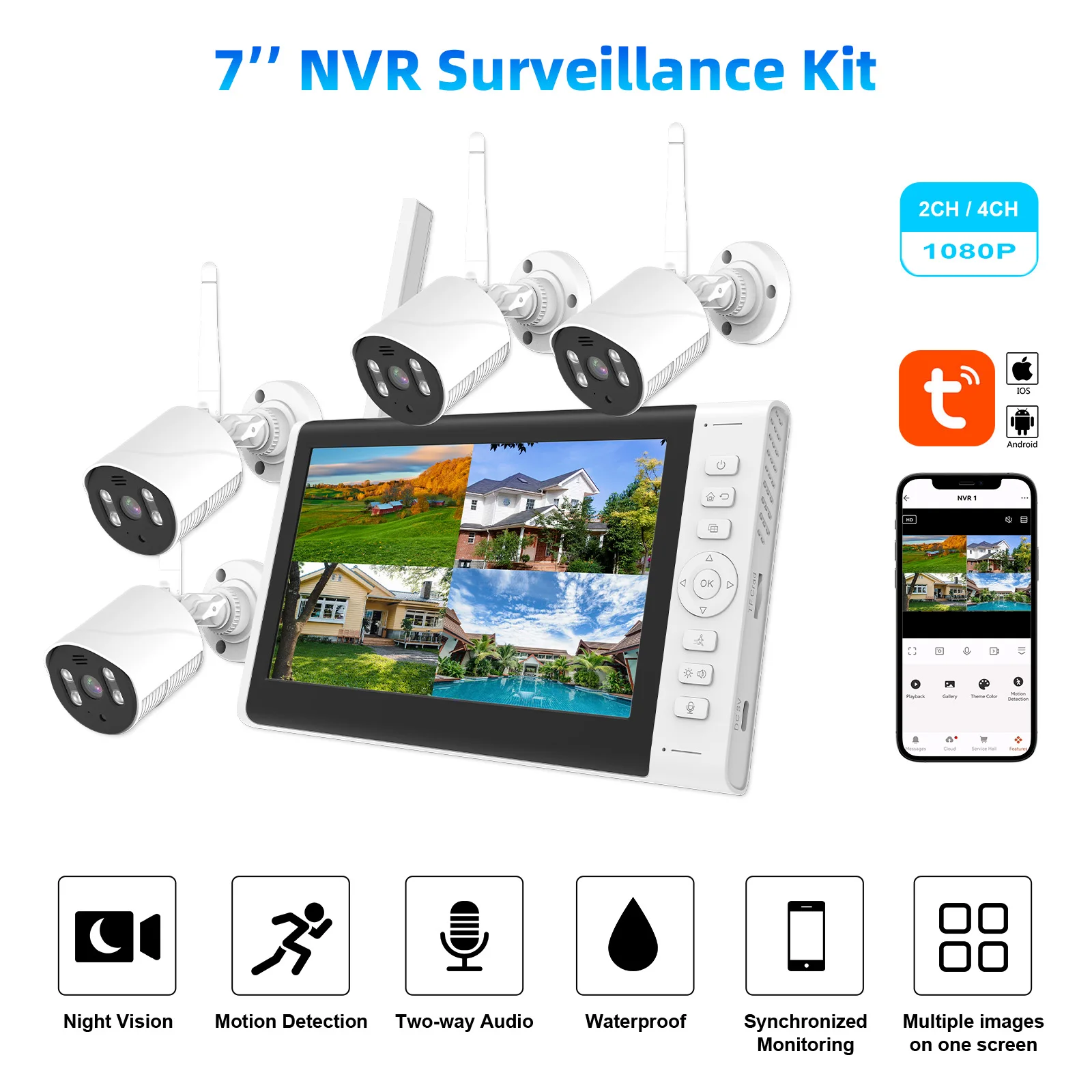 Kit de caméra 7.0 pouces 4Ch CCTV LCD NVR vidéo en temps réel Icloud/stockage Local système de caméra Wifi système de caméra NVR avec application Tuya