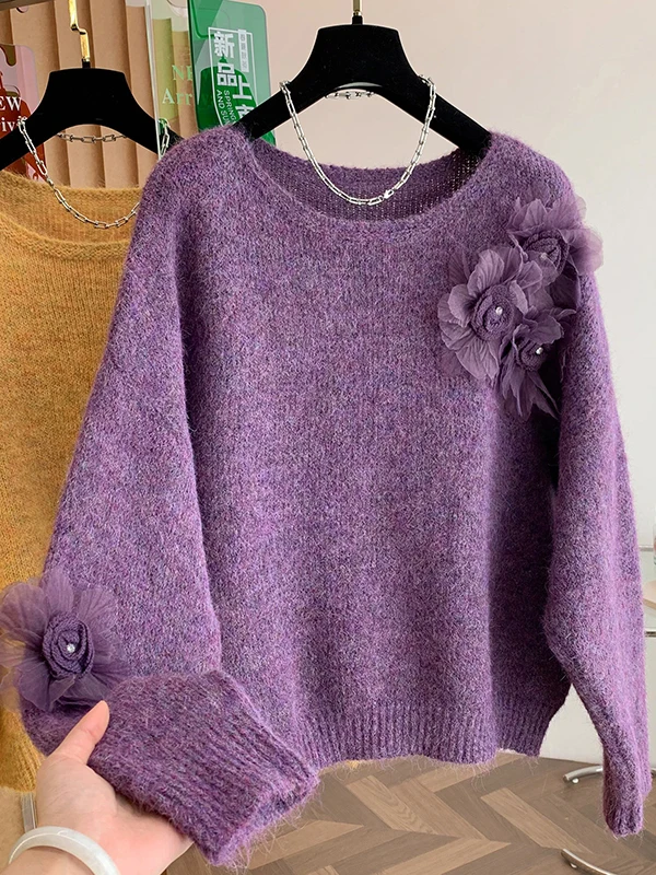 

Korean Sle Purple Knitted Sweater Women's Autumn Winter Loose Slimming Versatile Beautiful Casual Top with 3D Flower Design