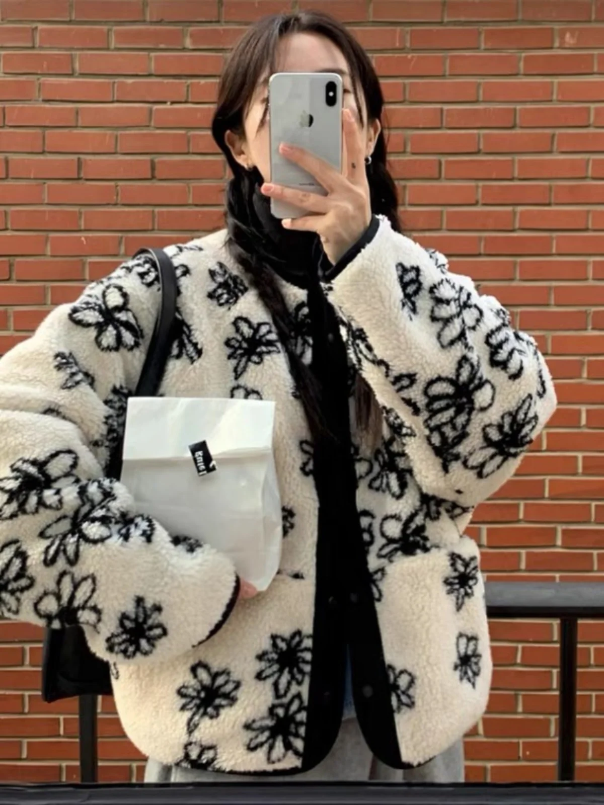 

Floral Lamb Fur Cotton Jaet Women's Loose Thi Warm Autumn Winter Double-Sided Wear Cotton Coat Top Commute Sle