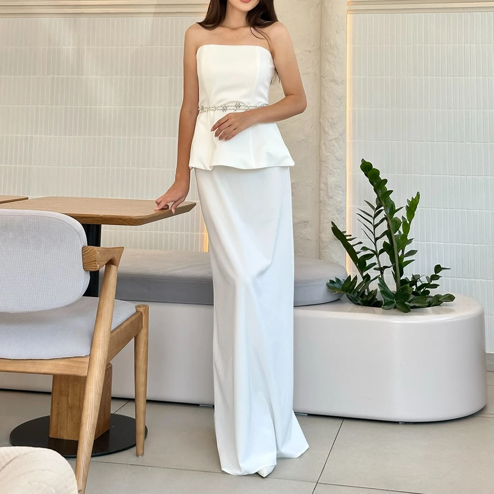 

Customized A-line Evening Dresses Floor-length Strapless Sleeveless Prom Gown Fashion Beading Crystal Draped Backless Party Gown