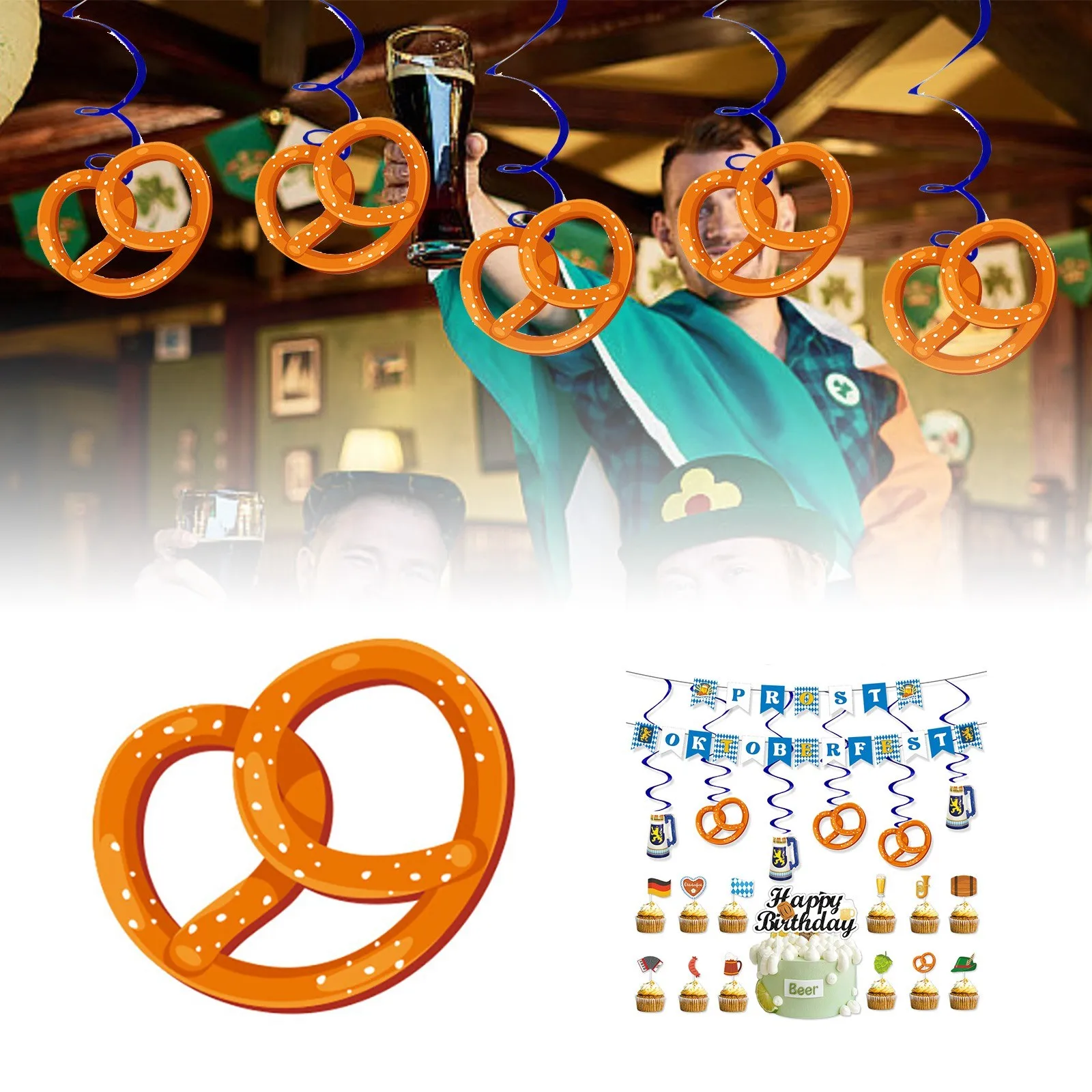 

Beer Festival Theme Decoration Prost Oktoberfest Flag Spiral Pendant Set Event Wristbands Custom