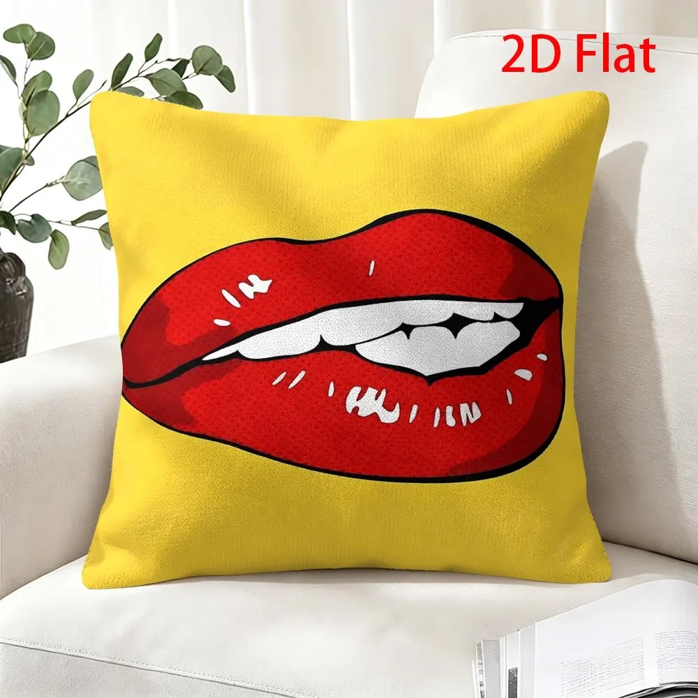 Red Lips Yellow Pillowcase, Sexy Mouth Print Cushion Cover, Pop Art Style Home Decor, Square Throw Pillow Case