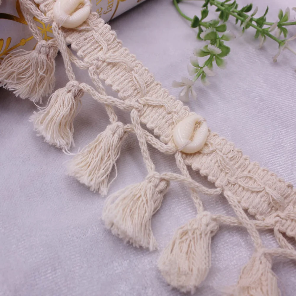 1 Yard Cotton Tassel Lace DIY Bohemian Beige Lace With Shell Fabric Clothing Accessories For National Clothes Hat Bags Scarf