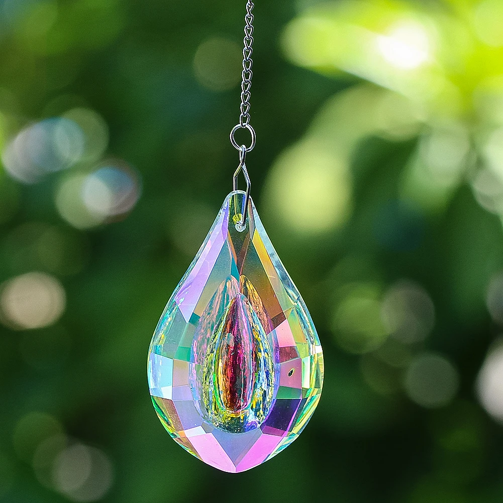 63mm AB Loquat Crystal Hanging Wind Chime Rainbow Maker Metal Pendant Suncatcher Outdoor Garden Decoration Patio Bird Repeller