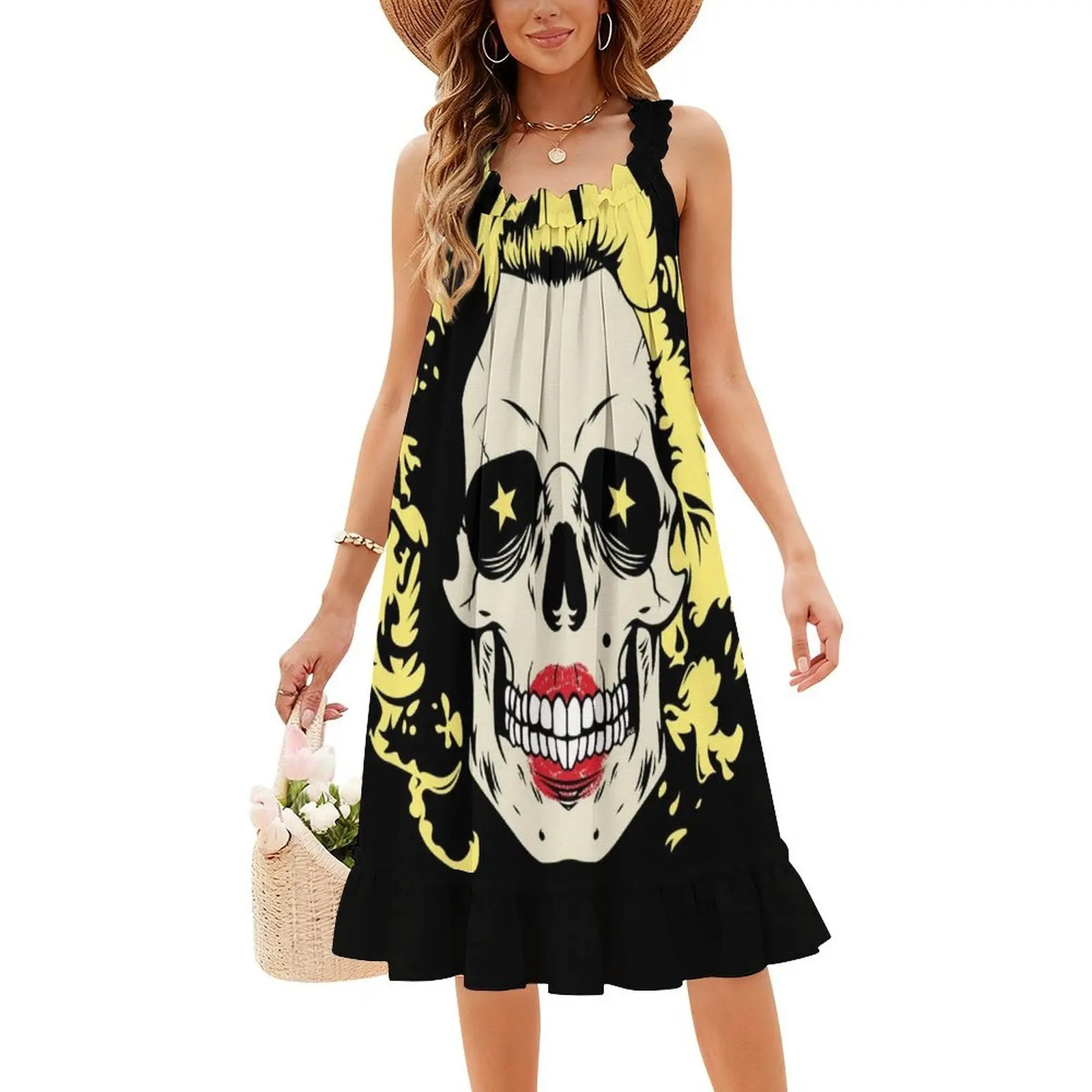 فستان مارلين جمجمة توضيحي مزين بالزهور للنساء للربيع والصيف فستان كاجوال للحفلات مارلين مونرو هيكل جمجمة #4