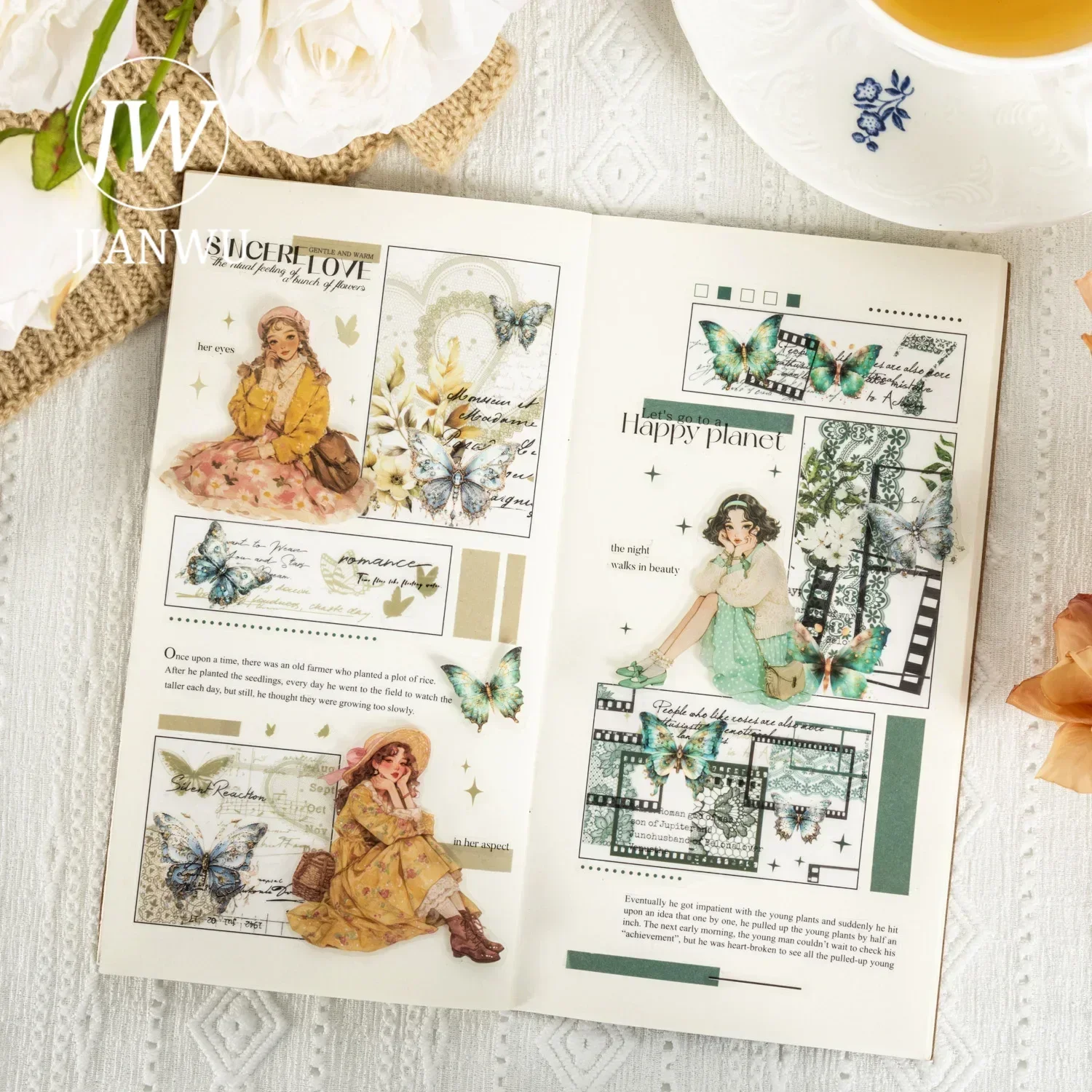 JIANWU The Butterfly in Her Hand Series Vintage Character Lace Material Collage Sticker Book Creative Journal Stationery