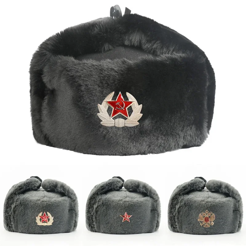 2024 Fashion Men Women Soviet Badge Russia Pilot Training Trapper Hat Winter Faux Fur Earflap Ski Snow Caps