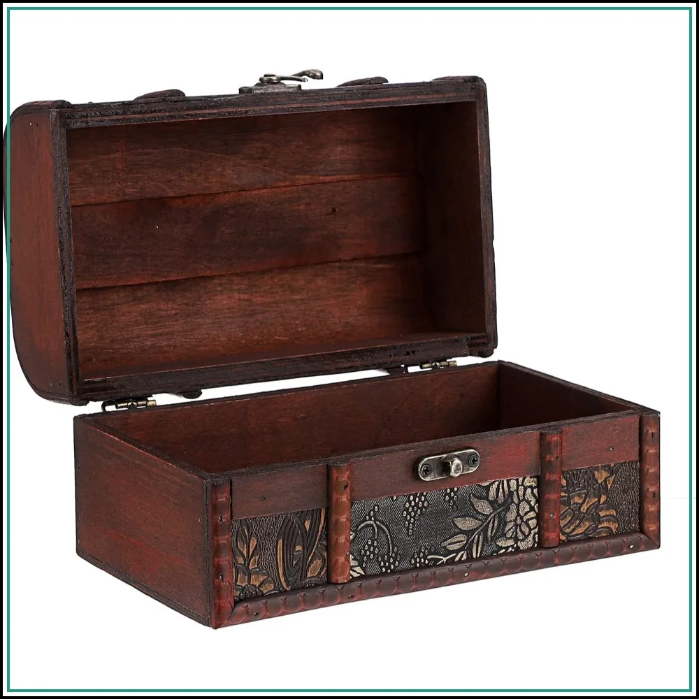 Caja de Madera Estilo Cofre del Tesoro, Caja de Recuerdos para Joyas, Adornos y Regalos, Tamaño Mediano, 7.6x4.7x4.3 pulgadas