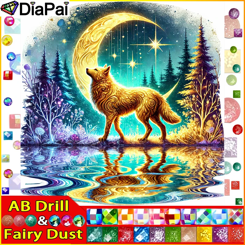 DiaPai Fairy Dust AB Diamantgemälde voller quadratischer/runder Diamant „Wolf Moon“ Muster Stickerei 5D Strassgemälde