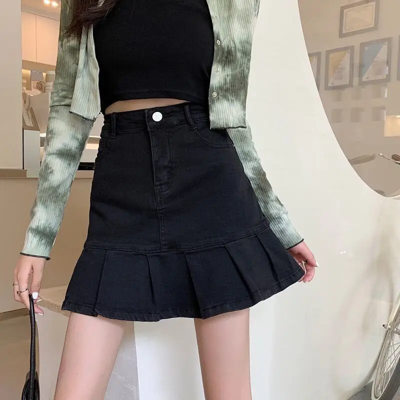 

Summer Women's High Waist Wide Leg Jeans Skirt Bla Pleated Fi Tail Skirt Slimming Effect Casual Wear Polyester Cotto...