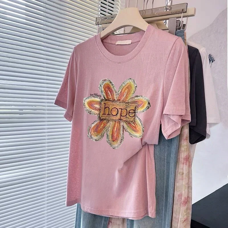 Retro Koreanische Lose Fit runde Ne ort Sve T-shirt frauen Casual Sle Sommer Faion Casual Top Vielseitig Abnehmen