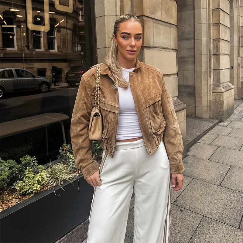 

Осень-зима, свободная укороченная куртка, женская винтажная коричневая байкерская куртка на молнии с карманами, уличная одежда, 2025 г., женский шикарный пиджак, верхняя одежда