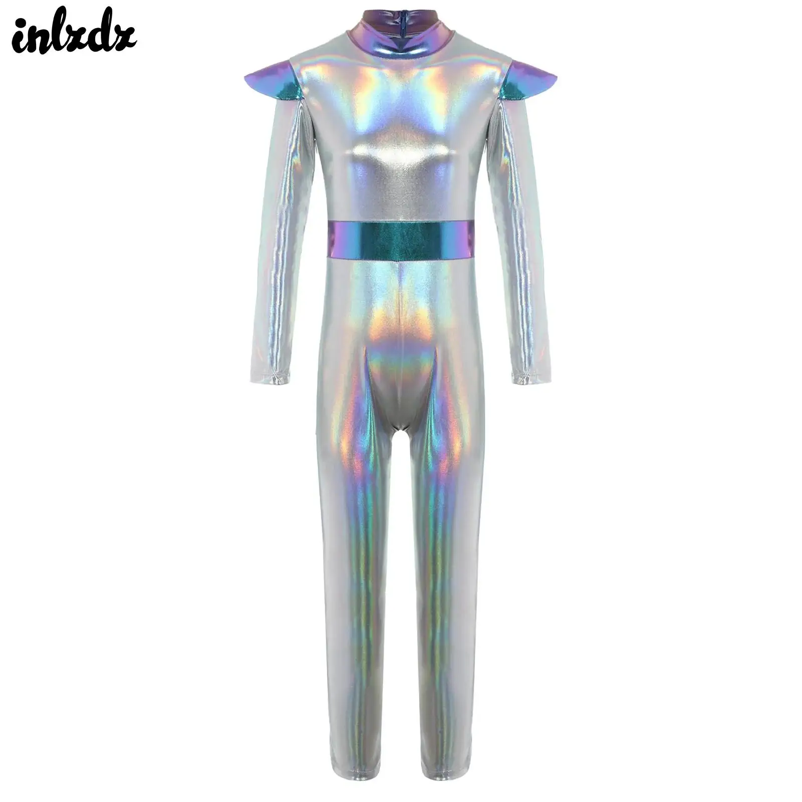 

Костюм для косплей-карнавала для девочек: Астронавт, Космонавт, Космический Кадет, Робот-инопланетянин. Блестящий металлический комбинезон с длинным рукавом для ролевых игр.