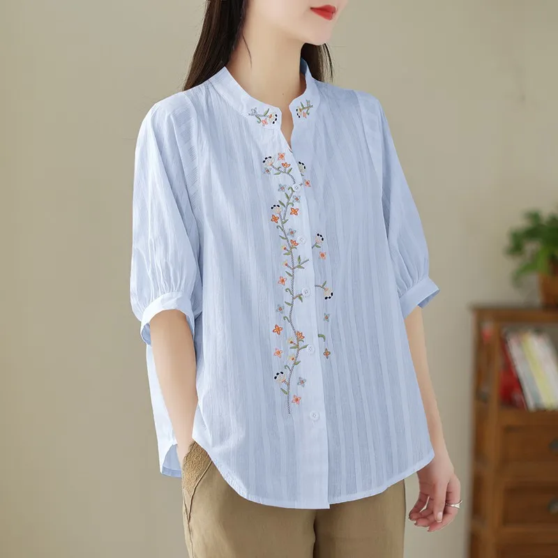 Chemise en coton à manches mi-longues pour femmes, style vintage, broderie florale, été, décontracté, nouvelle arrivée, 2024, Bino 68