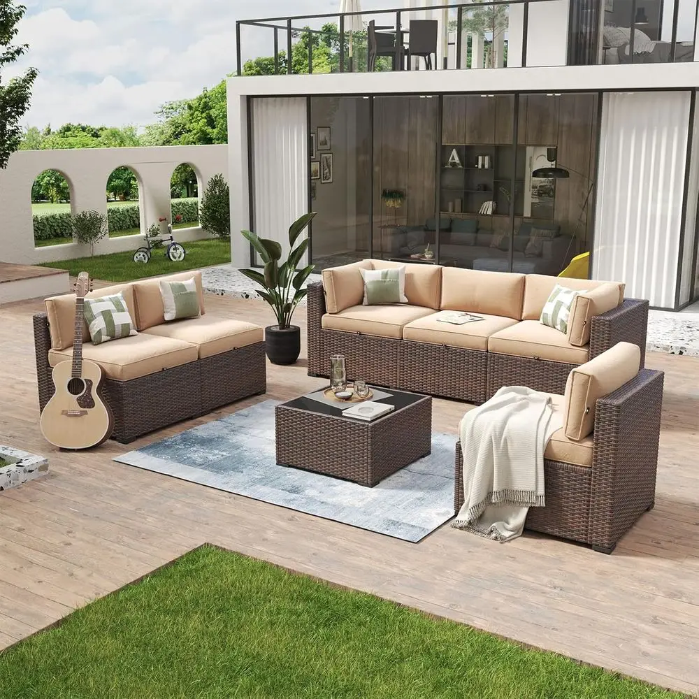 

7-Piece Outdoor Wicker Patio Furniture Set with Sectional Sofa, Coffee Table, and Cushions - Beige (Waterproof Cover)