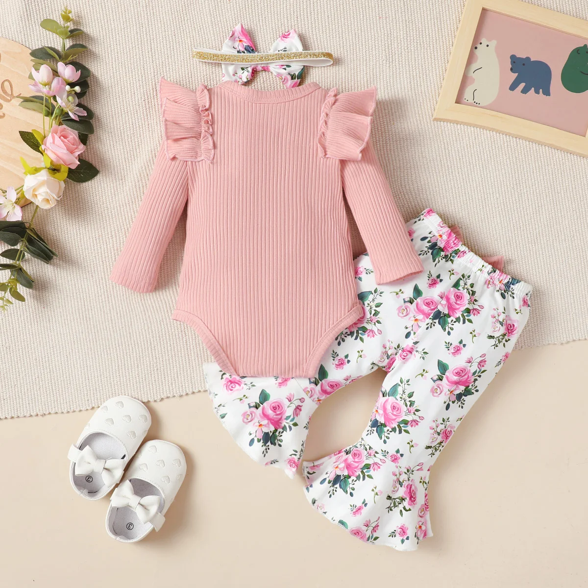 0-18M Autumn Newborn Baby Girl 3Pcs Outfit Ruffle Long Sleeve Ribbed Bodysuit Flare Pants Bow Headband Infant Clothing Set