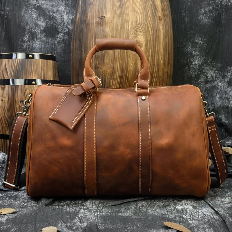 Retro Genuine Mad  Leather Travel Bag Men's Large Capacity Shoulder Crossbody Bag for Business Trip Pure Color Fashion