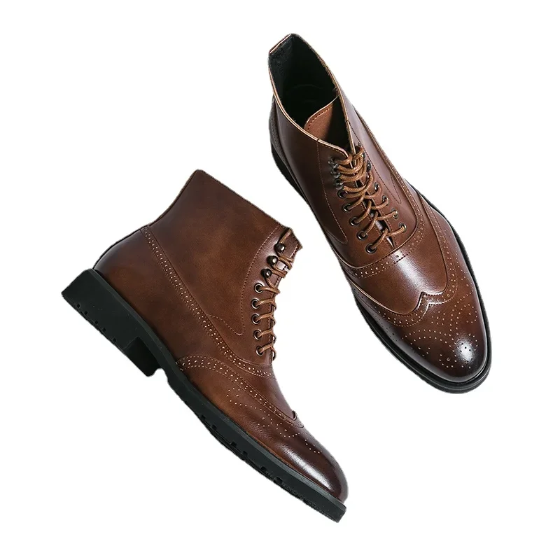 Botas cortas con cordones y punta cuadrada para Hombre, botines De negocios, color marrón, novedad