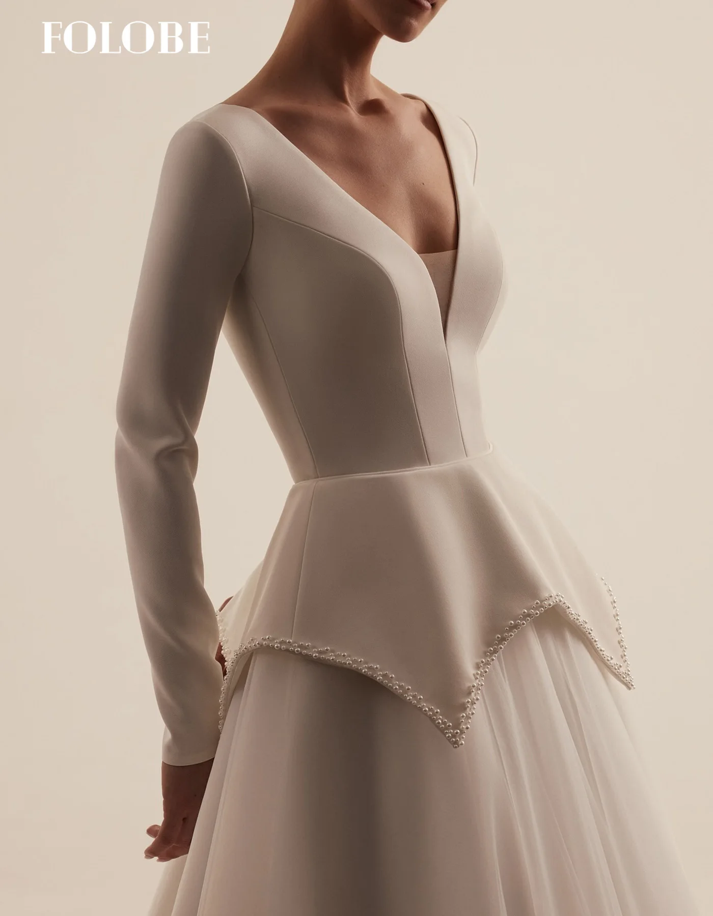 فستان زفاف FOLOBE أبيض بدون حمالات على شكل حرف v وأكمام طويلة لؤلؤ بسيط على شكل حرف a فساتين زفاف الأميرة العروس امرأة مخصصة #2