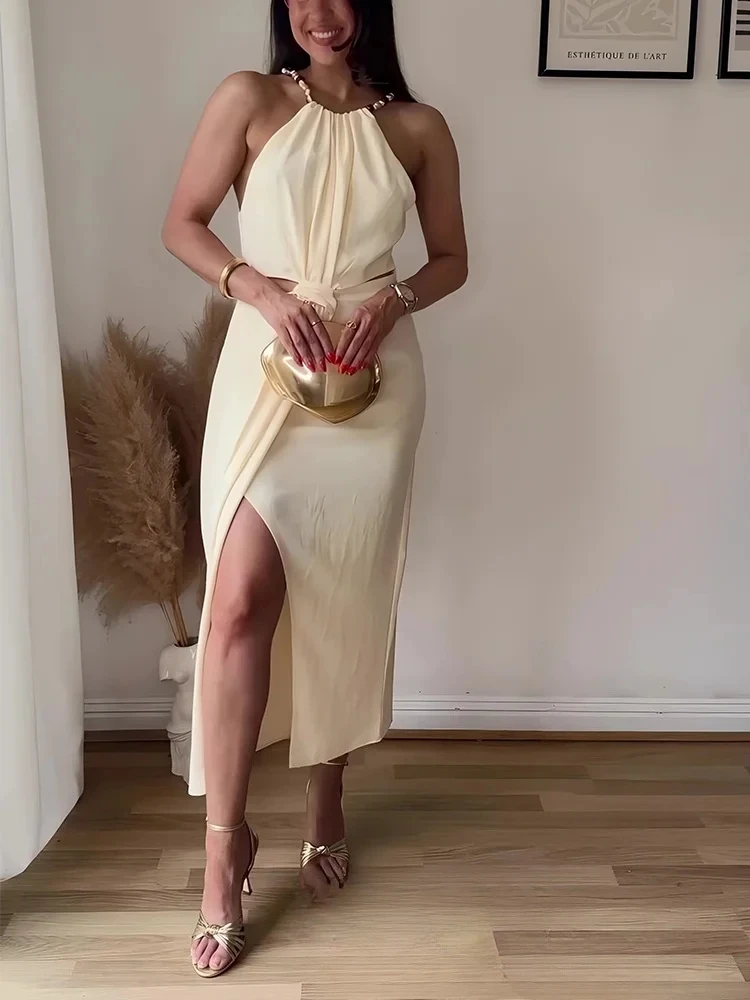 KONDALA Elegant Sexy Chic Women Dress Solid Halter Sleeveless Backless Zipper Long Vestidos New Fashion 2025 Autumn Dress