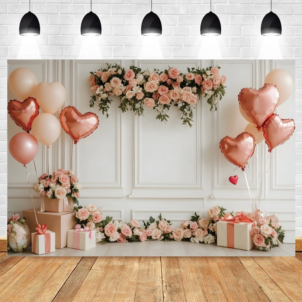 Zoete Valentijnsdag Achtergrond Witte Muur Bloemen Ballonnen Liefde Hart Geschenken Dozen Voorstellen Bruid Portret Fotografie Achtergrond