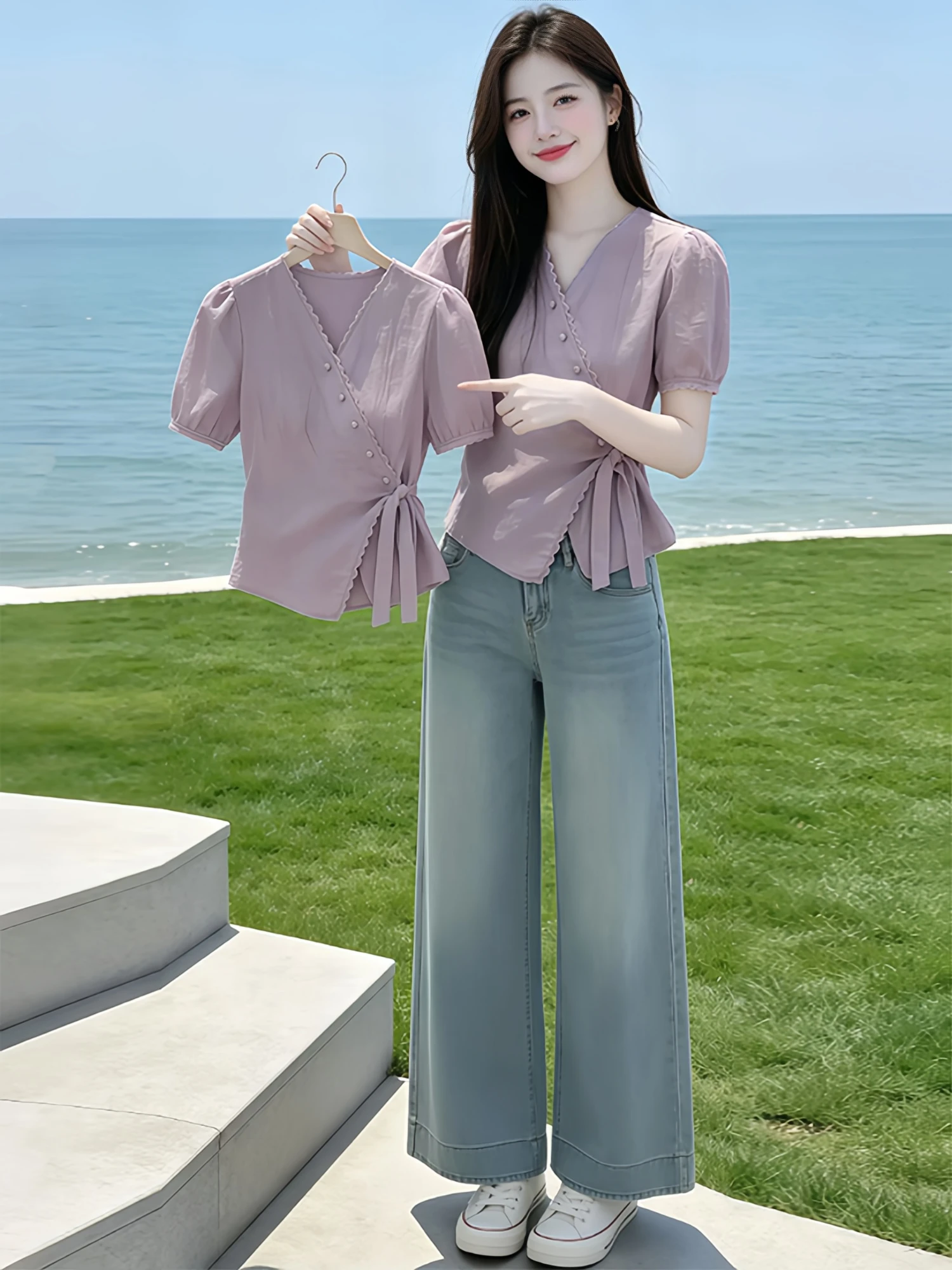 

Summer 2026 Women's V-neck Bubble Sleeve Shirt Slimming Tie Waist Gentle Style Snowflake Chiffon Top Commute Simple Loose Fit