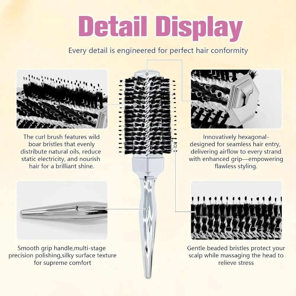 

Щетка для волос с натуральной щетиной дикого кабана, круглая, однотонная, с гладкой ручкой, шестигранная расческа, инструмент для укладки пышных волос