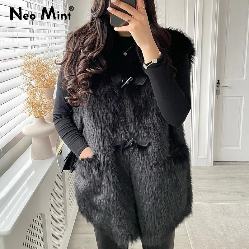 Brand Horn Buttons Long Faux Mink Fur Vest Tops Women Winter Sleeveless Overcoats Luxury Ladies Shaggy Waistcoat Gilets Casaco