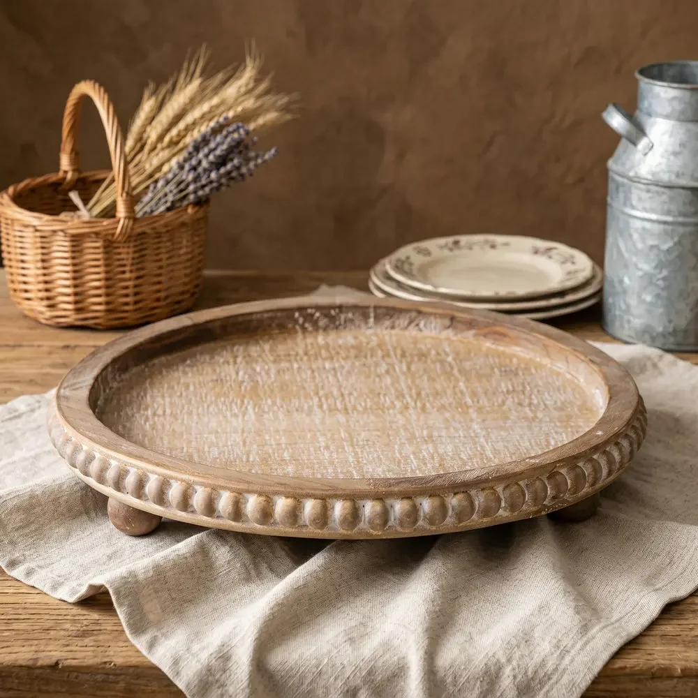 French Vintage Style Wooden Bead Tray,Rustic Tea Tray, Coffee Shop Display Platter, Round Storage Plate, Home Cafe Decor