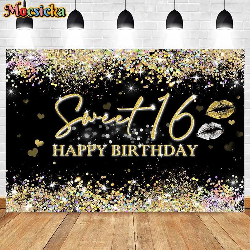 Mocsicka Glitter Sweet 16 Backdrop Girl 16th Birthday Party Photo Background Diamond Decoration Photography Backdrop