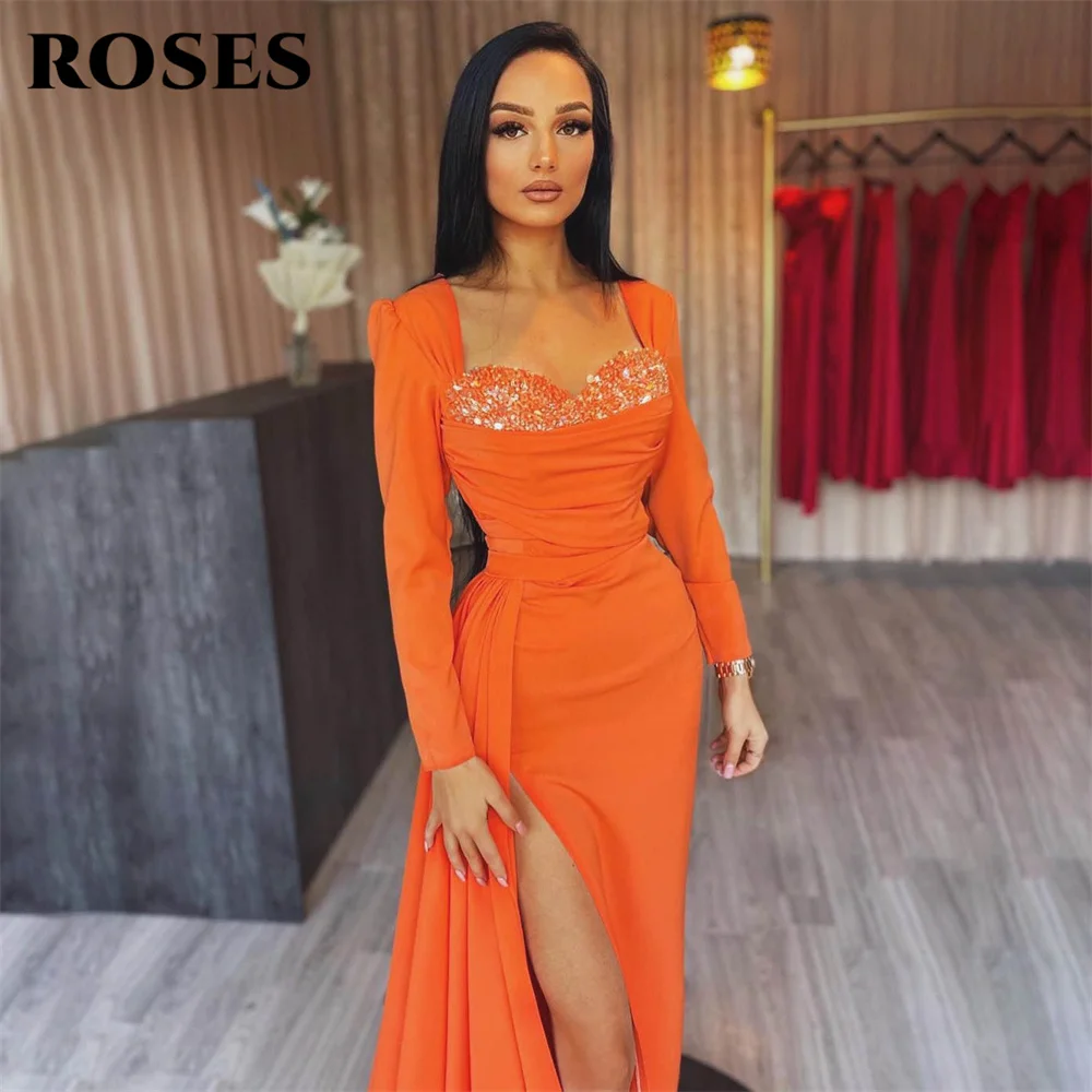 

ROSES Orange Long Party Dresses Mermaid Vintage Sequin Night Dresses Stain Celebrity Dress with Long Sleeves vestidos de fiesta