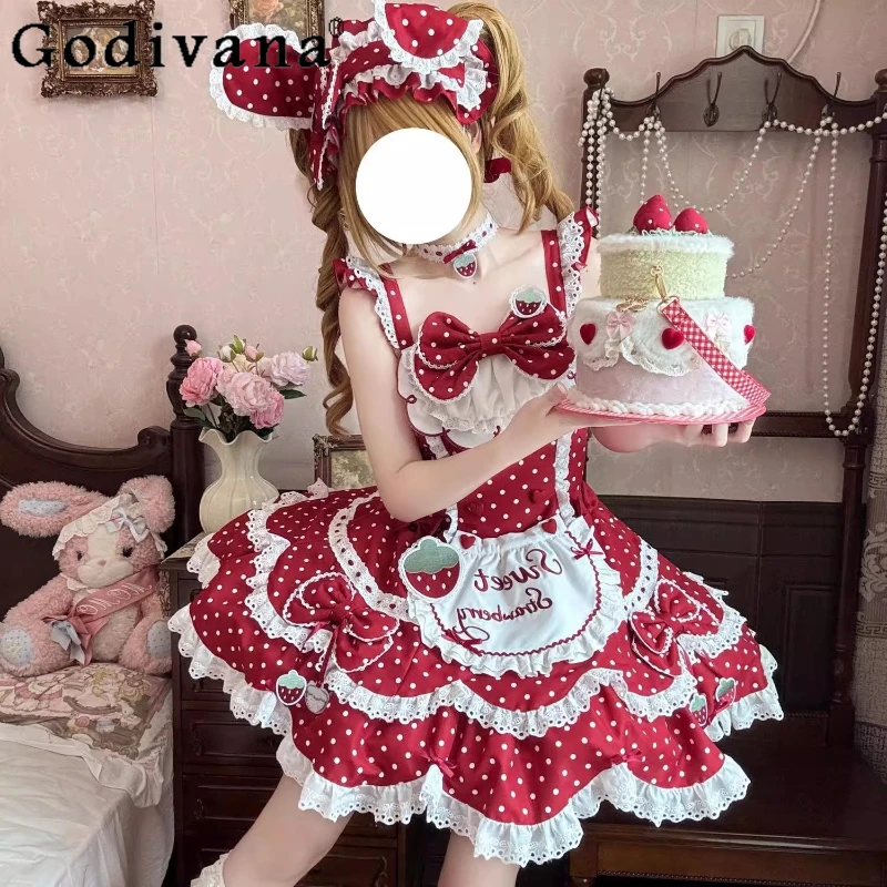 

Original Lolita Birthday Dress Japanese Girls Cute Bow Strawberry Polka Dot Print Sleeveless Mini Sling Dress JSK Princess Dress