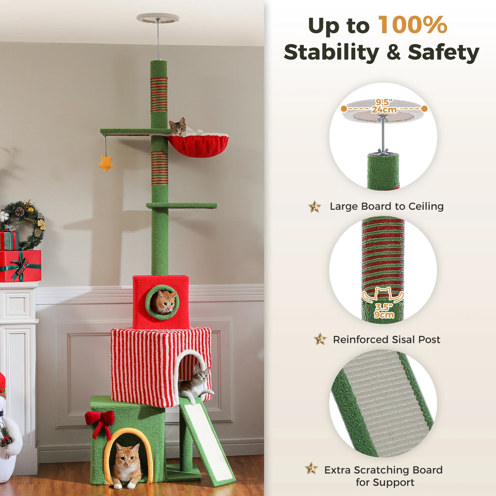 Weihnachts-Katzenbaumturm mit rot-grünem Eigentumswohnung, mehrstufiger Katzenturm mit Sisal-Kratzbäumen, Katzenmöbel für Hauskatzen – Detail 38