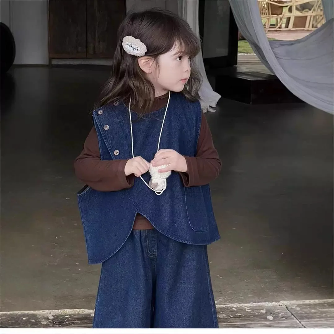 Children Fashion Suit Jeans Vest and Pants Two-Piece Set and Long Sleeve Underwear Clothes 2025 Autumn and Winter New Style