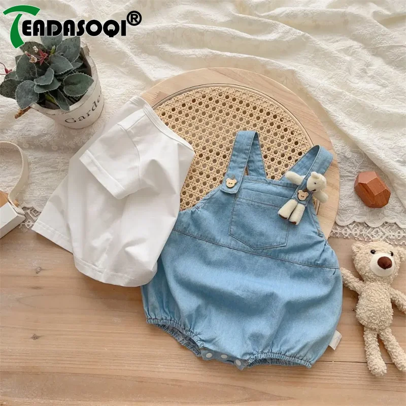 

2023 New In Set 2pcs Kids Baby Boys Short Sleeve Solid Color Top T-shirts+denim Strap Bodysuits Bear Doll Infant Newborn Clothes