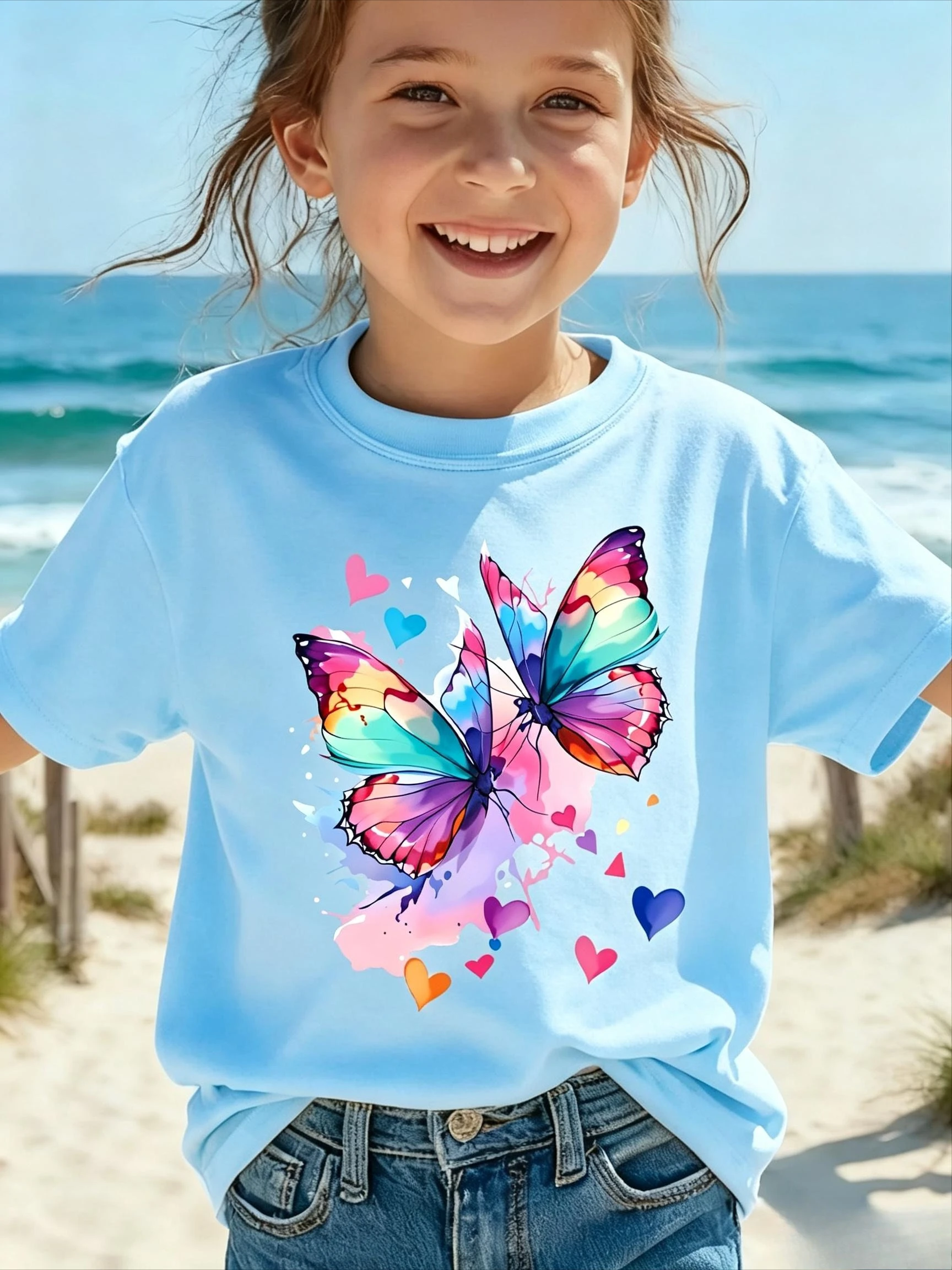 Chicfull Girls T-Shirt Cute Anime Colorful Butterfly Print Crew Neck Short Sleeve Kids Spring Summer Casual Kawaii Top