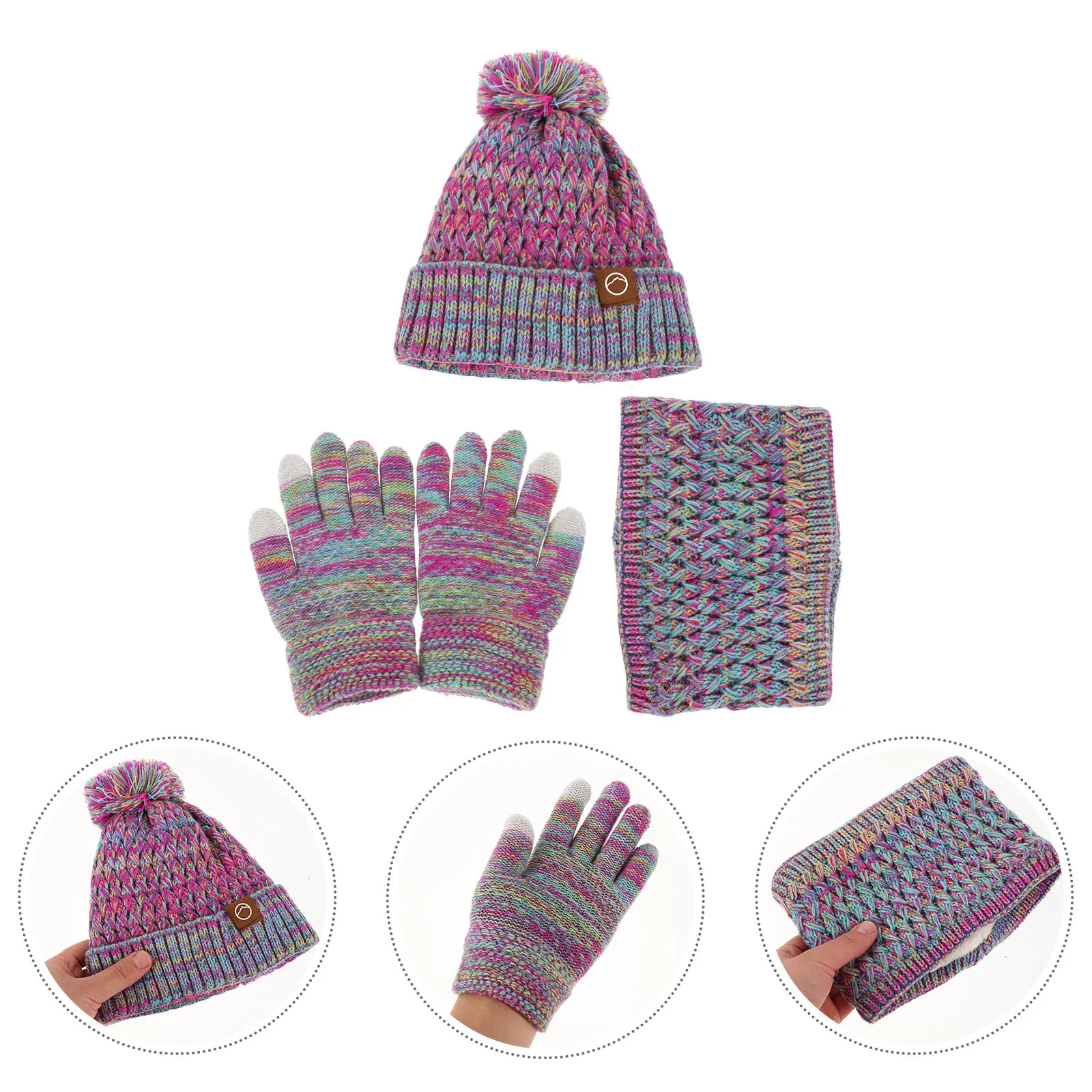 صوف مبطن قبعة الشتاء قفازات وشاح مجموعة بوم بوم قبعة محبوك الرقبة أدفأ قفازات كاملة الأصابع في الهواء الطلق البنفسجي