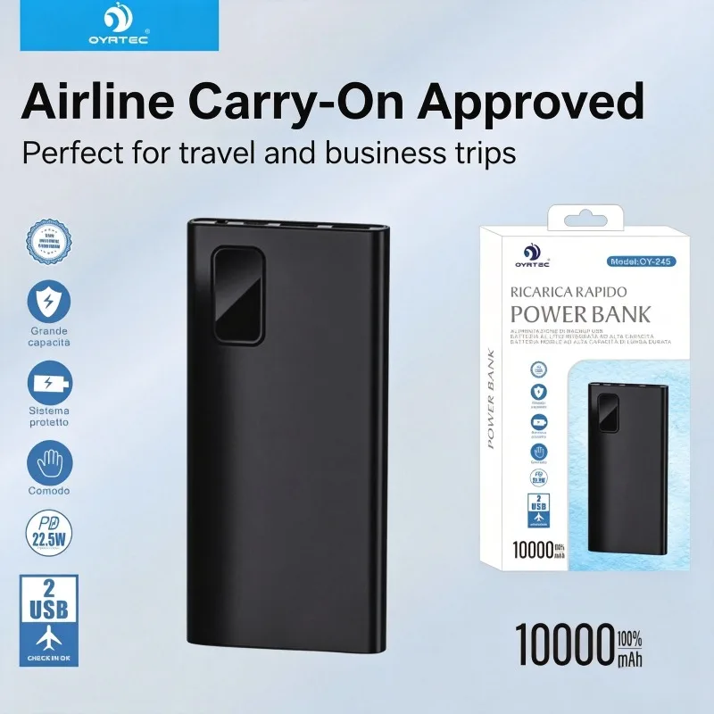 OYRTEC OY-245 Banco de energía portátil de 10000 mAh, carga rápida PD de 22,5 W, salida USB dual, batería externa de metal mate delgada, aprobada por aerolíneas para teléfonos y tabletas