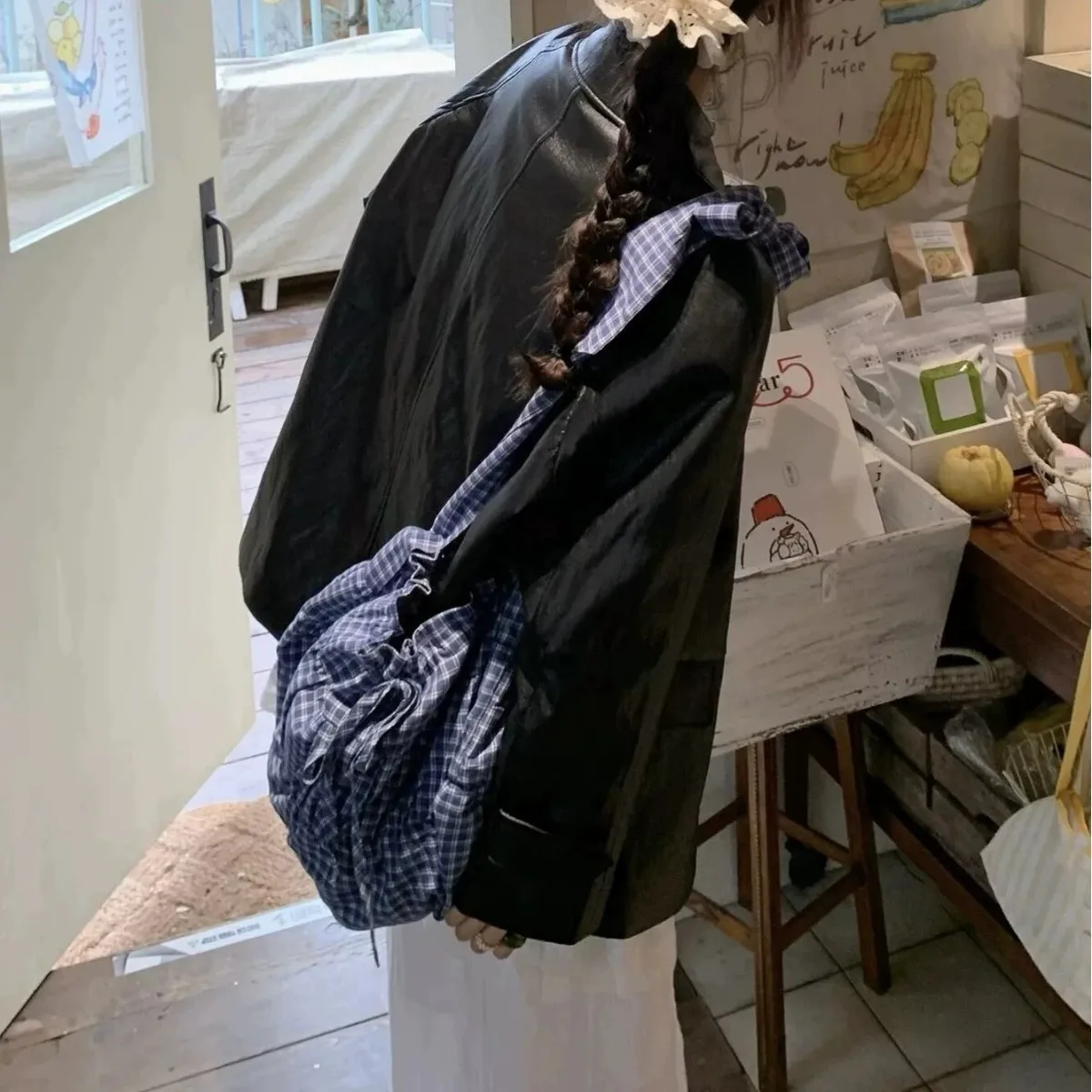 Summer New Korean Style Retro Checkered Drawstring Pleated Crossbody Bag Large Capacity Single Shoulder Tote Bag Sweet Style Bag