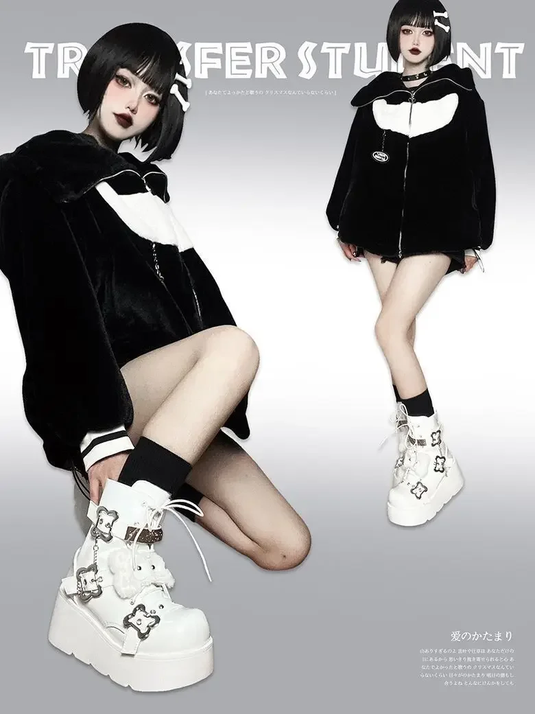 전송 학생의 작은 뼈 데님 짧은 펑크 소녀 신발 둥근 발가락 두꺼운 밑창 부츠 플러시 부츠 핑크 부츠