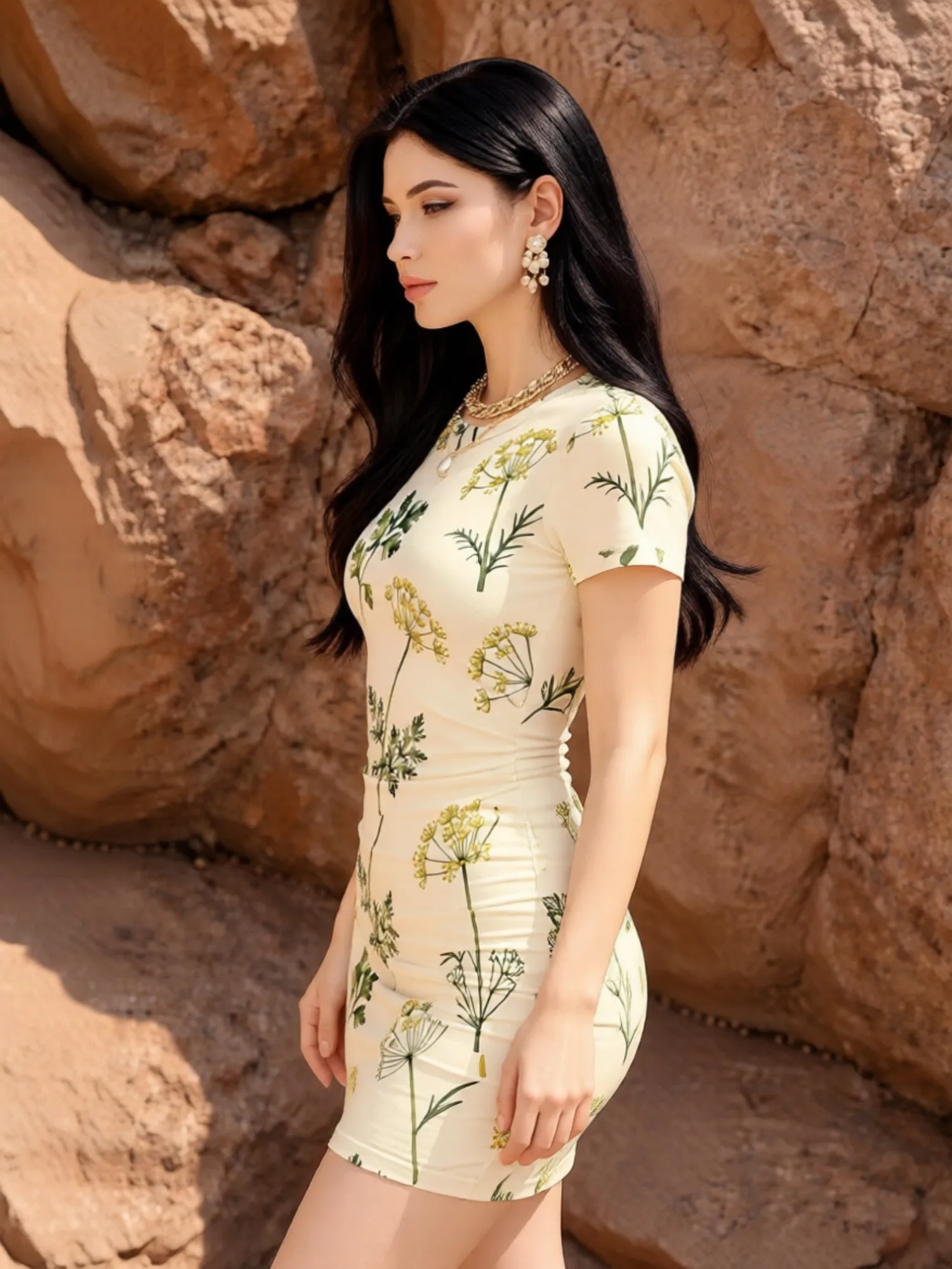 Damen-Minikleid mit kurzen Ärmeln, figurbetont, schmale Passform, Rundhalsausschnitt, Blumendruck, lässig, Sommer, Party, modisch, leicht, Clubwear, Sommerkleid – Detail 5