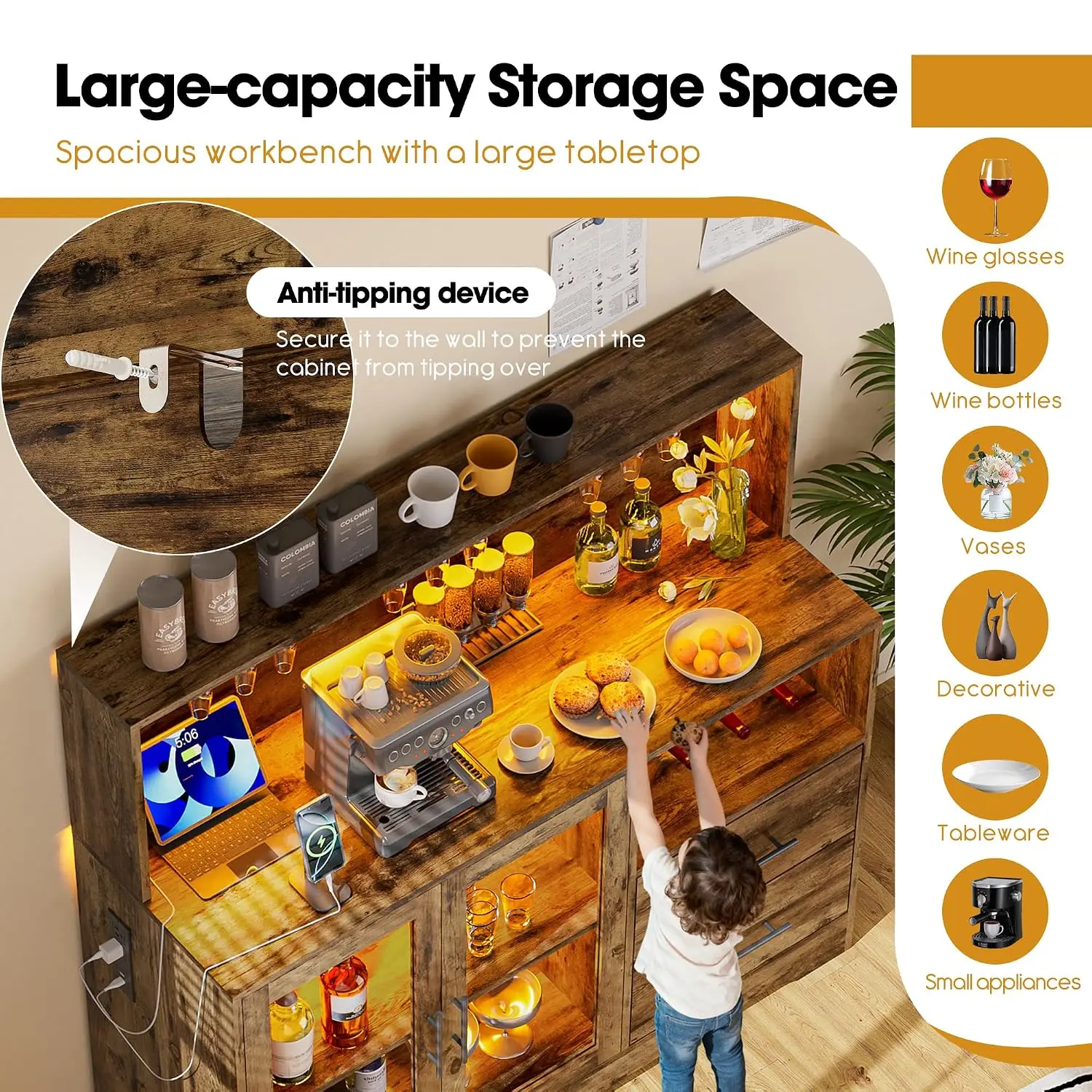 Wine Bar Cabinet with RGB Light & Wine Rack, Glass Holder, USB Outlet & Drawers for Home Kitchen Living Room, Customized