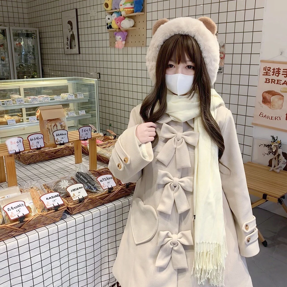 2025 Autumn Winter New Japanese Style Beige Turn-Down Collar Long Sleeve Bow JK Mid-Length Casual Loose Quilted Coat