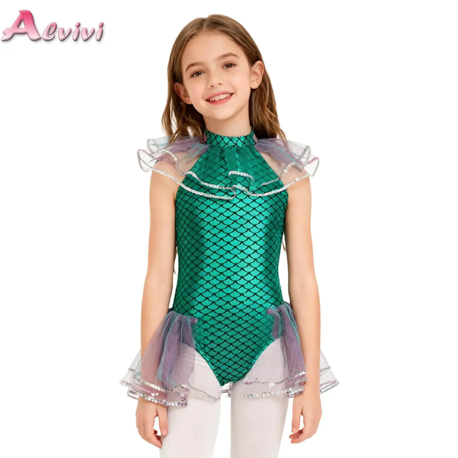 Mermaid Gymnastics Leotard for Girls Kids Fish Scales Print Mesh Unitard Sleeveless Bodysuit Stretchy Holiday Party Costumes